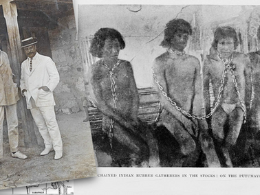 wo dressed men stand outside a building. Nearby, four chained individuals sit indoors. Text: "Chained Indian rubber gatherers."