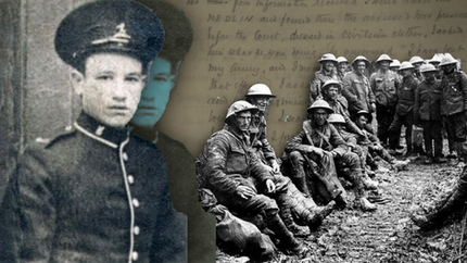 Historic soldier portrait in uniform merges with WWI trench soldiers in muddy gear. Faded handwriting in the background. Somber mood.