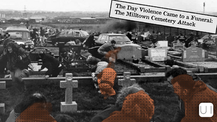 Chaos at a cemetery with people taking cover behind gravestones. Car in the background. Title reads "The Day Violence Came to a Funeral."