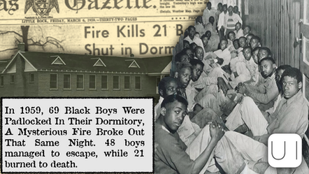 Historical newspaper highlights 1959 tragedy; 69 boys padlocked in dormitory, fire kills 21. Image shows group of boys sitting together.