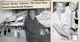 Collage of Enoch Nicky Johnson over a crowded boardwalk, plus a smiling couple; headline reads The Real Boss Behind Boardwalk Empire