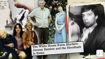Collage of family photos with parents and children, a black-and-white man in formal wear, and a hand holding a gun amidst documents.