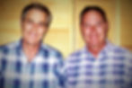 The Jim Twins in plaid shirts smiling in front of wooden shutter panels. The setting is warm, and the mood is cheerful and relaxed.