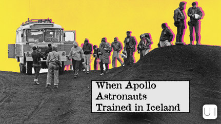 Astronauts training on a hill beside a bus in Iceland. Bright yellow sky, text: "When Apollo Astronauts Trained in Iceland."