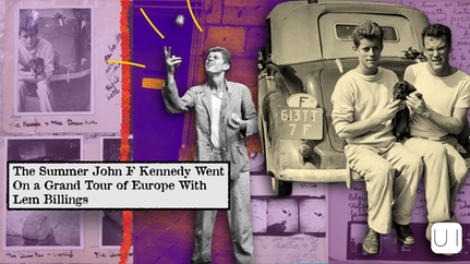 Young man juggling near vintage car. Two men sit on car bumper with a puppy. Vintage photos in background. Text: "The Summer John F Kennedy..."