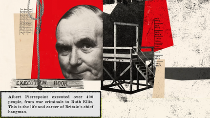 Collage with a large face, gallows, and crowd on a red and white background. Text reads "EXECUTION BOOK." Various annotations visible.