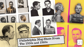 Collage of vintage Philadelphia mugshots from the 1950s-1960s, featuring various individuals against colorful backgrounds. Text: "Philadelphia Mug-Shots."
