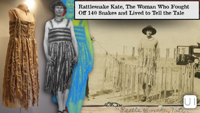 Rattlesnake dress on display. Collage of a woman in a striped dress, historic photo with snakes. Text: "Rattlesnake Kate..." and more.