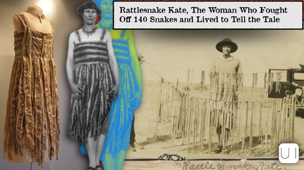 Rattlesnake dress on display. Collage of a woman in a striped dress, historic photo with snakes. Text: "Rattlesnake Kate..." and more.