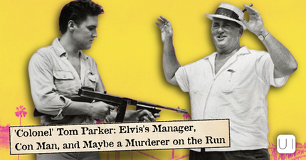 Elvis play shooting Tom Parker black-and-white men on yellow background; one holds a gun, the other smiles in a hat. Text names Colonel Tom Parker.