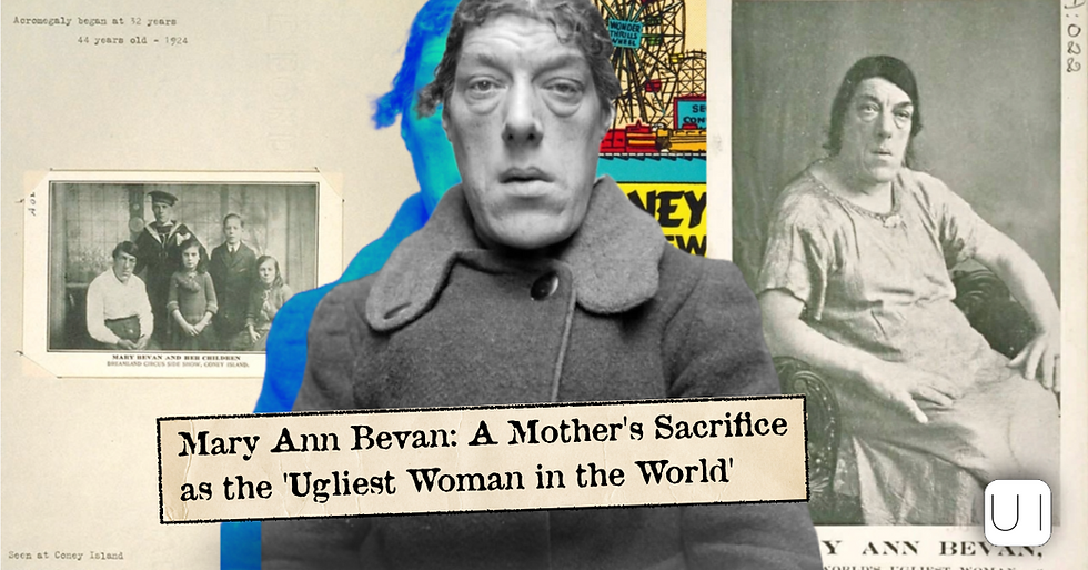 Mary Ann Bevan, Homely Woman, collaged with blue figure, "MONKEY SHOW" poster.