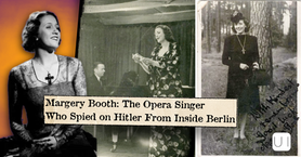Collage of Margery Booth photos and stage performance with headline about the opera singer who spied on Hitler in Berlin