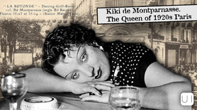 Black-and-white portrait of Kiki de Montparnasse resting at a cafe table, with Paris street backdrop and title text.