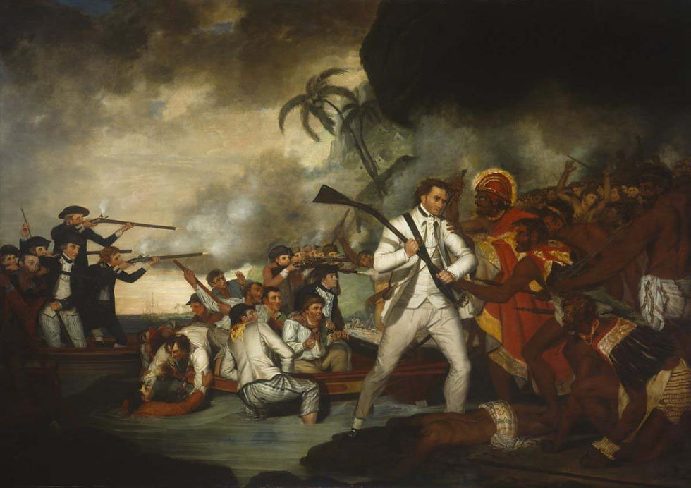 Fierce battle painting: European soldiers confront indigenous warriors on a tropical beach.