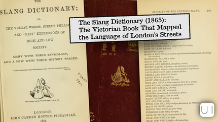 Title graphic over open pages of The Slang Dictionary (1865), showing Victorian book covers and text.