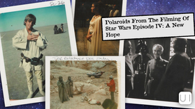 Collage of Polaroids from "Star Wars IV: A New Hope" set. Includes desert scenes, characters in costume, and behind-the-scenes moments.