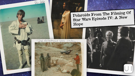 Collage of Polaroids from "Star Wars IV: A New Hope" set. Includes desert scenes, characters in costume, and behind-the-scenes moments.