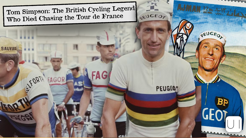 Tom Simpson in vintage jerseys gather, a rider in a Peugeot shirt smiles. A headline reads: "Tom Simpson: The British Cycling Legend."