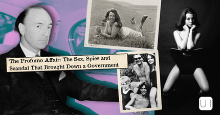 Collage on the Profumo affair with black-and-white portraits, pin-up photos, and headline about sex, spies and scandal.
