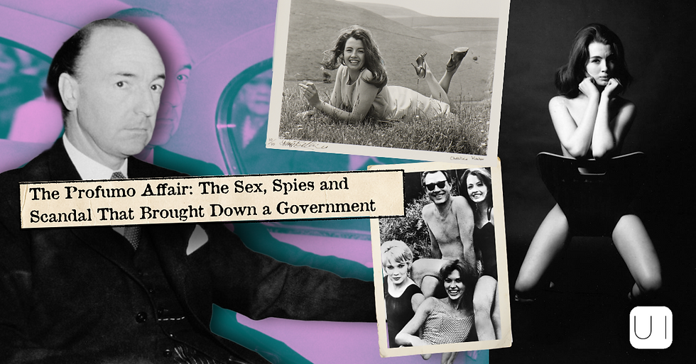 Collage on the Profumo affair with black-and-white portraits, pin-up photos, and headline about sex, spies and scandal.