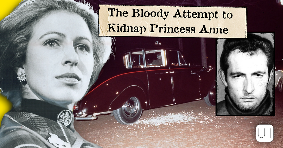 Collage of Princess Anne, a black car at night, and a man’s mugshot under the title The Bloody Attempt to Kidnap Princess Anne