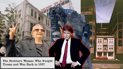 Older woman in sunglasses and suit gestures peace sign. Younger man in suit poses confidently. Background shows a building and "Trump Plaza" sign. Text: "The Stubborn Woman Who Fought Trump and Won Back in 1997."
