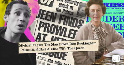 Collage of Michael Fagan and Queen Elizabeth II over newspapers, with headline about Buckingham Palace break-in and chat with the Queen.