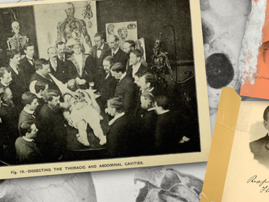 Historical photo of doctors performing a dissection with observers around. Background: skeleton, anatomy charts.
