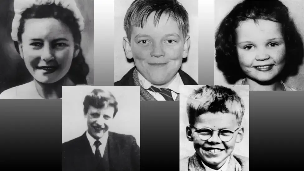 Portraits of the five Moors Murders victims: Pauline Reade, John Kilbride, Lesley Ann Downey, Keith Bennett and Edward Evans