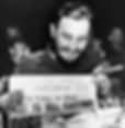 Man smiling, holding a cigar and newspaper headlined "Plot to Kill Castro!" in a lively setting. Black and white image, casual mood.
