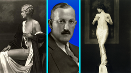 Vintage triptych: Left, seated woman with pearls; center, man in a suit with blue background; right, standing woman draped in fabric.
