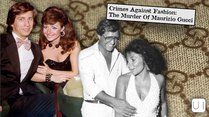 Two couples pose side by side against a Gucci pattern backdrop. Text reads "Crimes Against Fashion: The Murder of Maurizio Gucci."