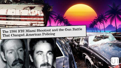Collage of damaged cars with blood, 1980s sunset, and palm trees. Text: "The 1986 FBI Miami Shootout and the Gun Battle That Changed American Policing." Black-and-white portraits overlay.