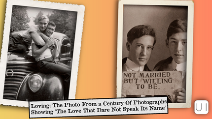 Vintage collage of two black-and-white photos: two young men on a car; two men hold a sign reading NOT MARRIED BUT WILLING TO BE.