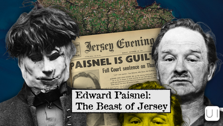 A masked figure stands with a newspaper headline "PAISNEL IS GUILT," beside "Edward Paisnel: The Beast of Jersey" text. Dark, eerie mood.