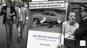 Black-and-white collage featuring various British scenes and people. Central text reads "Homer Sykes and the ordinary Britain he paid attention to."