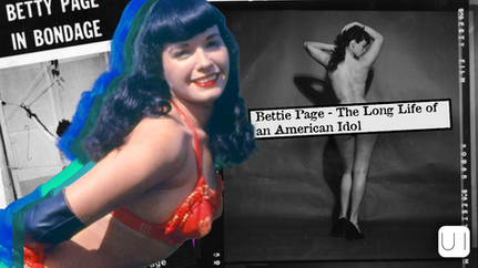 Smiling woman in red swimsuit, black gloves. Vintage black-and-white background with bondage theme. Text: "Bettie Page - The Long Life of an American Idol."