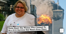 Smiling woman in white shirt over 9/11 tower fire; headline says Tania Head claimed survivor but wasn't there