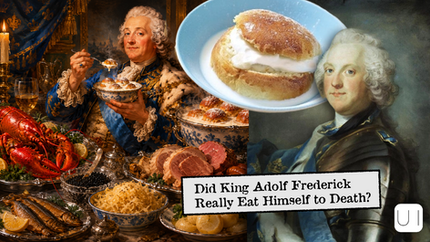King Adolf Frederick beside a lavish feast and cream bun; text asks, Did King Adolf Frederick Really Eat Himself to Death?