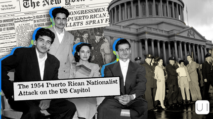 Collage of Puerto Rican Nationalists from the 1954 US Capitol attack, newspaper headlines, and Capitol building in grayscale and blue highlights.