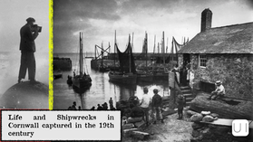 19th-century Cornwall harbor scene. People by stone house; fishing boats docked. Black and white tones evoke historical atmosphere. Visible text reads: "Life and Shipwrecks in Cornwall captured in the 19th century." The Gibsons of Scilly