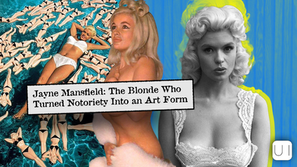 Collage of blonde Jayne Mansfield in pinup poses over swimmers; bold text reads Jayne Mansfield: The Blonde Who Turned Notoriety Into an Art Form