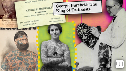 Collage featuring George Burchett, tattooist work, and business card. Vibrant colors and old photos highlight tattoo artistry history.