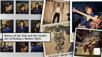 Collage of "Return of the Jedi" behind-the-scenes photos. Features actors in costume, including a helmeted figure and one lounging. Title text included.