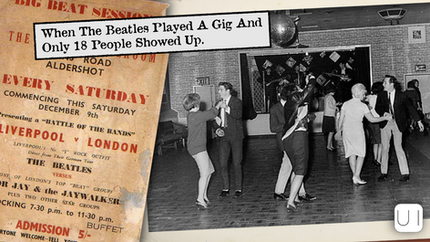 People dance in an almost empty hall with The Beatles on stage. A poster reads "Liverpool v London" and mentions the band's gig. Mood is lively.