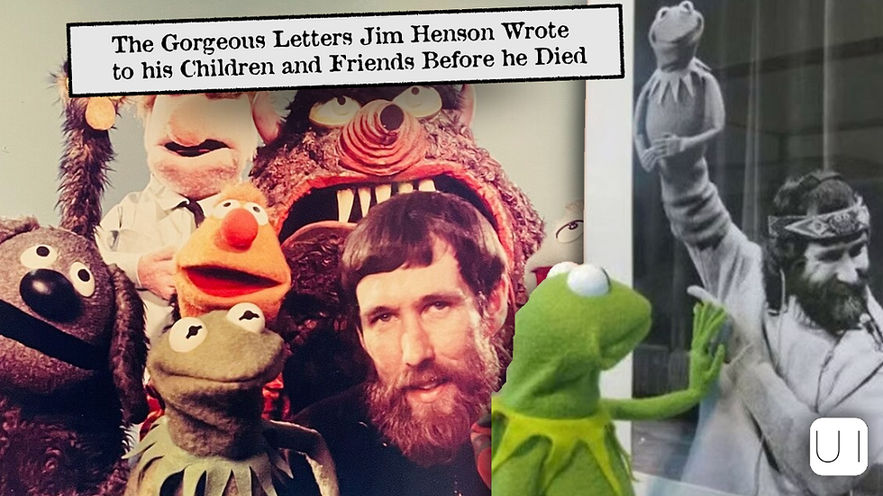Muppets with a Jim Henson in color photo, Kermit in a green tone, and black-and-white of same man with puppet. Text: "The Gorgeous Letters..."
