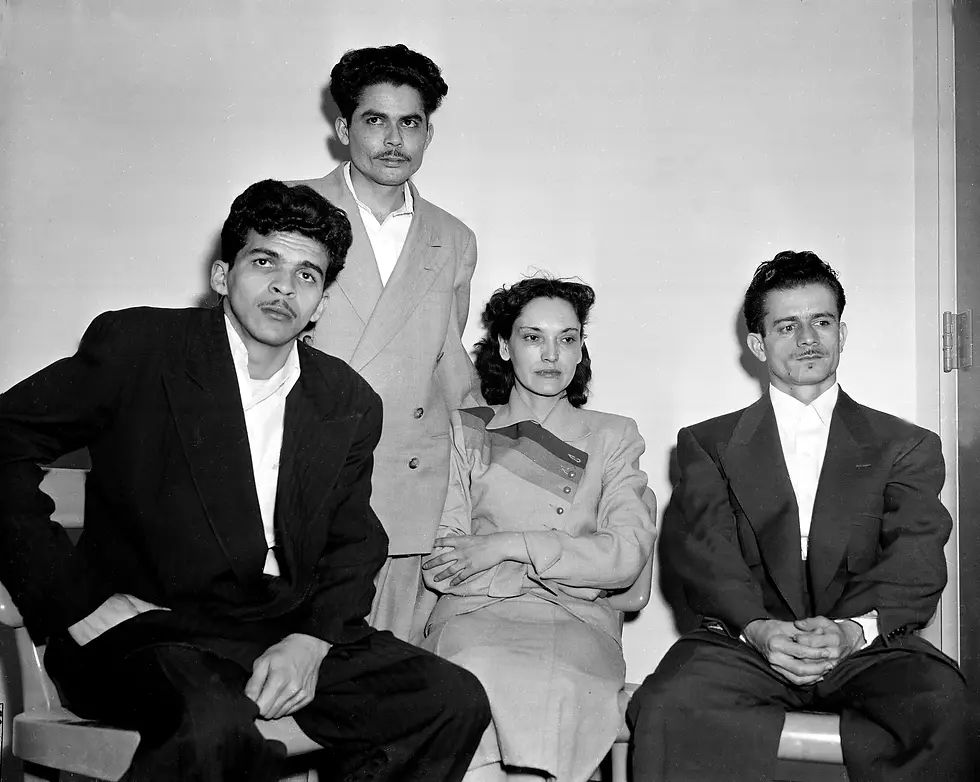 (left to right) Rafael Cancel Miranda, Andres Figueroa Cordero, Lolita Lebron, and Irving Flores Rodriquez after their arraignment in federal court for involvement in the House of Representatives shooting that wounded five members of Congress, Washington, D.C., March 5, 1954.