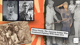 Collage of Hiroo Onoda, a Japanese soldier, in uniform, jungle, and surrendering with text: "Hiroo Onoda: The Japanese Soldier Who Continued Fighting WW2 Until 1974."