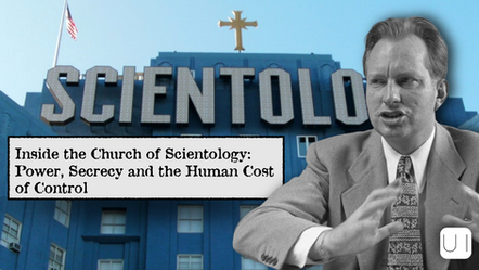 Man gestures in front of a blue Scientology building with a cross. Text reads: Inside the Church of Scientology: Power, Secrecy.