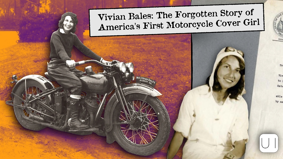 Vivian Bales on a vintage Harley-Davidson motorcycle smiles, vintage photo overlayed on orange background. Text reads: "Vivian Bales: The Forgotten Story."
